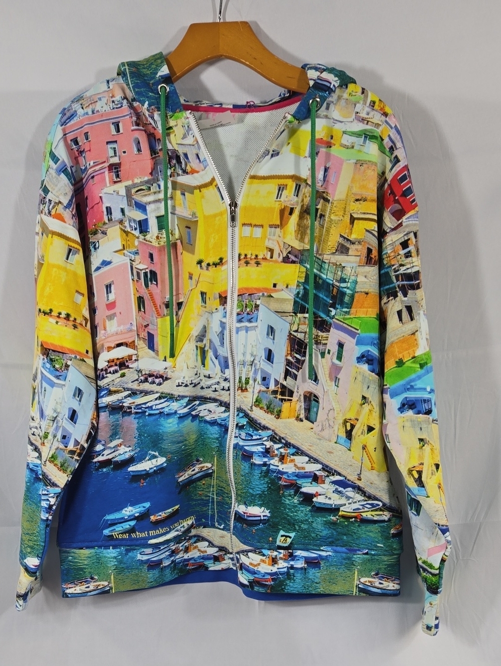 Terez Postiano Colorful Coastal Print Zip-Up Hoodie Small NWT